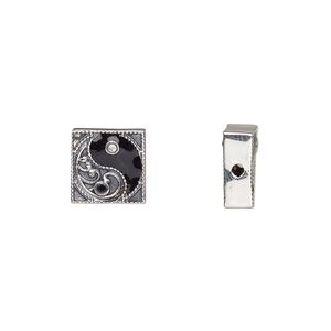 Bead 1pkg1 sterling silver, 10mm square yin-yang, clear cubic zirconia / enamel black / antiqued