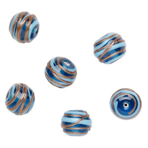 Bead, lampworked glass 1pkg6, translucent blue / opaque light blue / copper-colored glitter, 15x12mm rondelle with swirl.