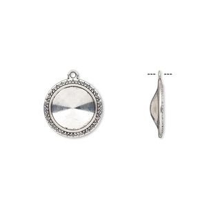 Drop, Almost Instant Jewelry&reg;, antique silver-finished "pewter" (zinc-based alloy), 24mm round with triangle and beaded design with 18mm rivoli setting. Sold per pkg of 6.