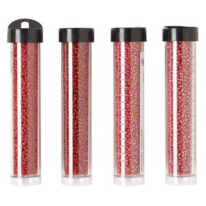 Seed bead assortment, Ming Tree&trade;, glass, pkg/(4) 4 x 3/4 inch vials, #11 round, opaque and transparent silver-lined luster red.