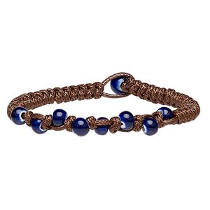 Bracelet, porcelain and waxed cotton cord, brown and blue, 8mm wide with 6mm round and macram&eacute; design, 7 inches with button clasp. Sold individually.