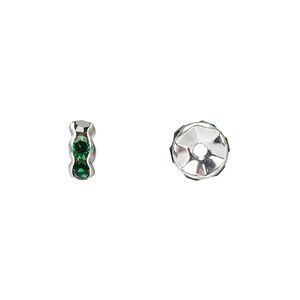 Bead 1pkg10 silver-plated, 7x3mm rondelle, brass / emerald green rhinestone