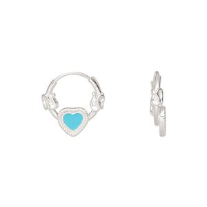 Earring, Create Compliments&reg;, sterling silver and cubic zirconia, turquoise blue, 14mm round hoop with hearts. Sold per pair.