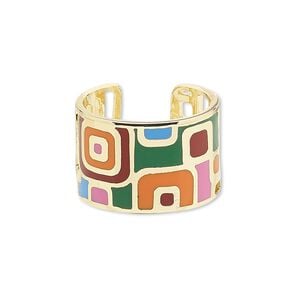 Ring, Avant-Garde Jewelry Collection, enamel and gold-plated brass, multicolored, 14mm wide with cutout and geometric design, adjustable. Sold individually.