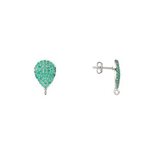 Earstud 1pkg2 sterling silver / green onyx, 17x12mm teardrop / open loop, 1 pair
