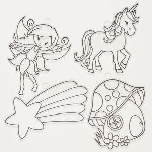 Focal assortment 1pkg4, plastic, clear and black, 3-1/2 x 3-1/2 inch mushroom / 3-1/2 x 3 inch fairy / 3 x 2-3/4 inch unicorn / 4-1/2x2 inch shooting star.