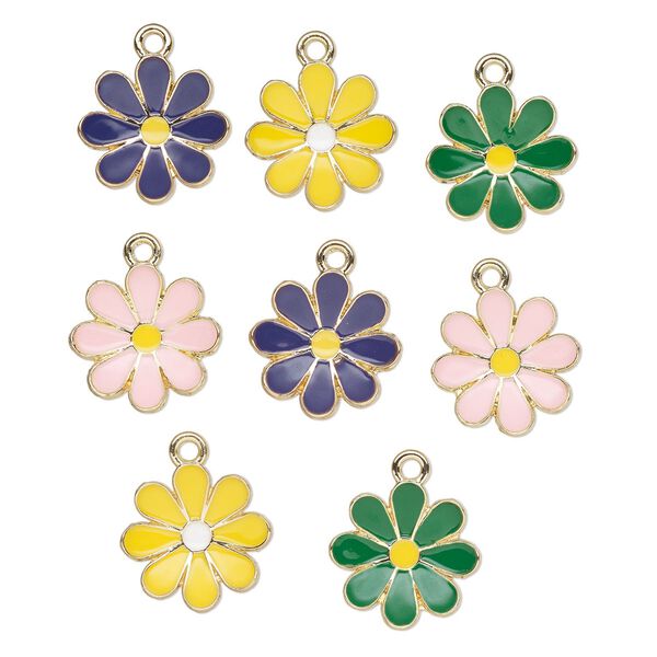 Charm 1pkg8, gold-finished "pewter" (zinc alloy) and enamel, multicolored, 16mm flower. image number 0