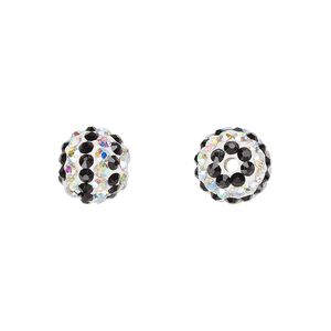 Bead, Egyptian glass rhinestone / epoxy / resin, white / black / clear AB, 10mm round with pav&eacute; striped design. Sold individually.