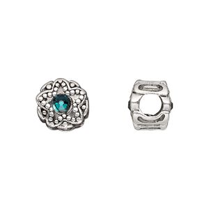 Bead 1pkg1 silver-plated pewter, 11mm round star / 2sided, emerald green crystal / antique Dione&reg;
