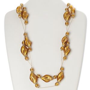 Necklace, lampworked glass with gold-finished brass and steel, dark tan and honey with silver-colored foil, twisted oval, 50-inch continuous loop. Sold individually.