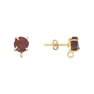 Sterling silver / garnet 1pkg2, rough nugget earstud / closed loop gold-plated 5-7mm