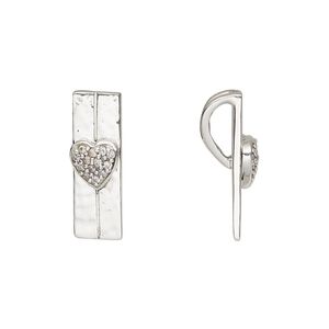 Pendant, cubic zirconia and sterling silver, clear, 20x7mm single-sided hammered rectangle with heart and hidden bail. Sold individually.
