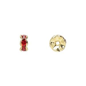 Bead 1pkg10 gold-finished, 7x3mm rondelle, brass / red rhinestone