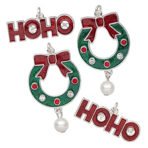 Focal, silver-finished "pewter" (zinc-based alloy) and enamel, multicolored, Christmas shapes. Sold per pkg of 4.