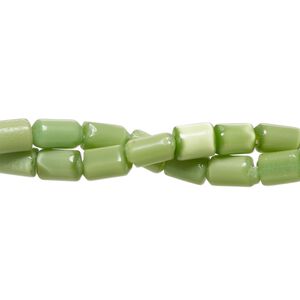 Bead 1pkg2 cat's eye glass (fiber optic glass), 6x4mm-7x6mm round tube, 14 inch opaque green