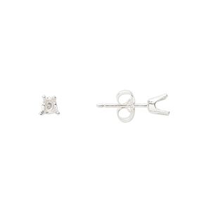 Earstud 1pkg2 Sure-Set&trade; sterling silver, 4mm heart pre-notched 4-prong setting / earnuts, 1 pair