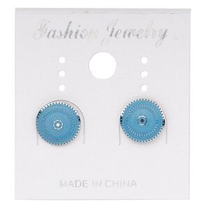 Earstud, stainless steel, blue patina, 10mm round with sun and wavy line design. Sold per pair.
