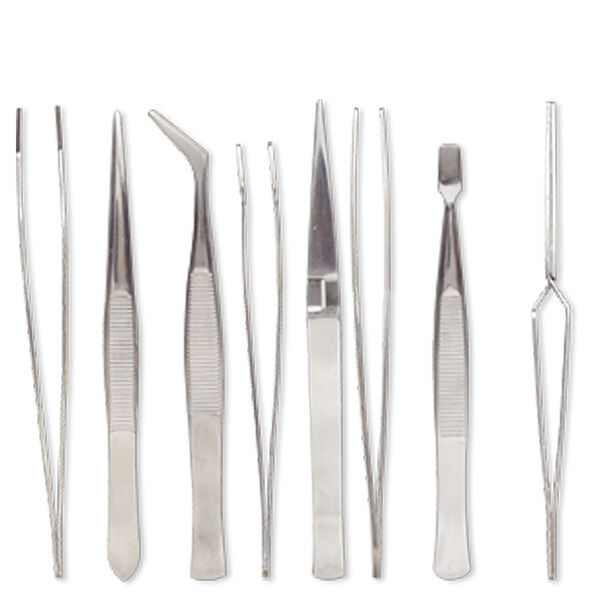 Tweezers, stainless steel, 4-1/2 inch to 4-3/4 inch assorted shape. Sold per 4-piece set. image number 0