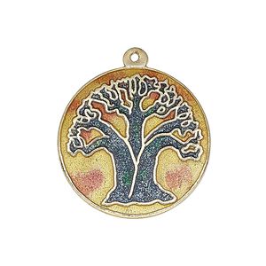 Drop, enamel and gold-finished brass, multicolored, 25-26mm single-sided flat round with tree of life design. Sold per pkg of 2.