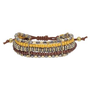 Bracelet, 5-strand, waxed cotton cord / glass / gunmetal-plated / gold-finished steel, orange and brown, 23mm wide, adjustable from 7 to 9-1/2 inches with macram&eacute; knot closure. Sold individually.