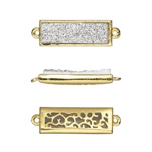 Link, Druzylite&trade;, "druzy" (resin) and gold-finished brass, silver, 21x8mm two-sided rectangle with open filigree back. Sold per pkg of 4.
