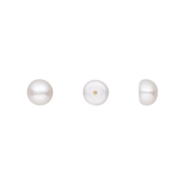 Pearl, White Lotus&trade;, cultured freshwater (bleached), white, 6-6.5mm half-drilled button, B grade, Mohs hardness 2-1/2 to 4. Sold per pair. image number 0