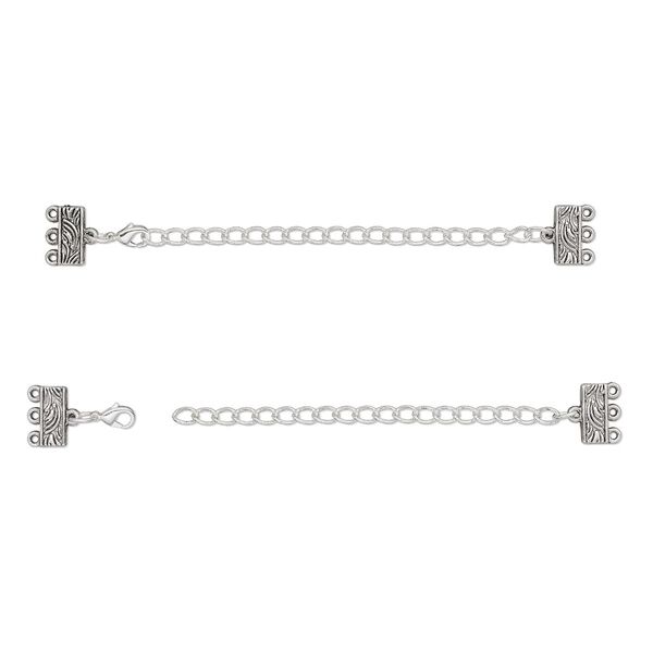 Clasp lobster claw 1pkg6 "pewter", 32x13mm / 13x6mm 3 loop rectangle end bar, silver-finished / antiqued image number 0