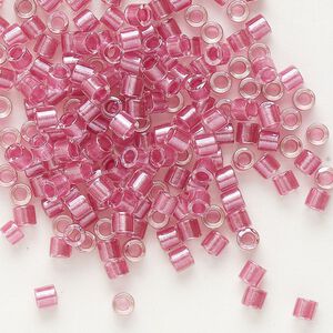Seed bead, Delica&reg;, glass, pkg/50g, #8 round, translucent peony pink-lined luster crystal clear (DBL-0902).