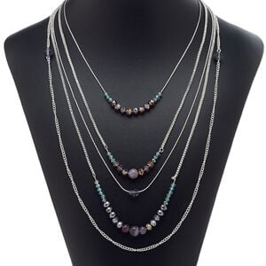 Necklace, 5-strand, amethyst (natural) / glass / silver-plated steel, purple / amethyst purple luster / clear green luster, 16 inches with 3-inch extender chain and lobster claw clasp. Sold individually.