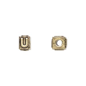 Bead 1pkg4 gold-plated pewter, 8x6mm rectangle / letter U, antique Dione&reg;