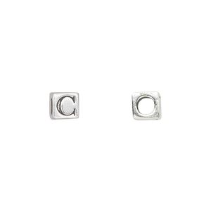 Bead 1pkg1 sterling silver, 5.5mm cube / letter C, antiqued Dione&reg;