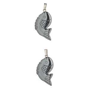Hemalyke&trade; / "pewter" (zinc-based alloy) 1pkg2, silver-finished 1-sided carved fish pendant 24x18mm