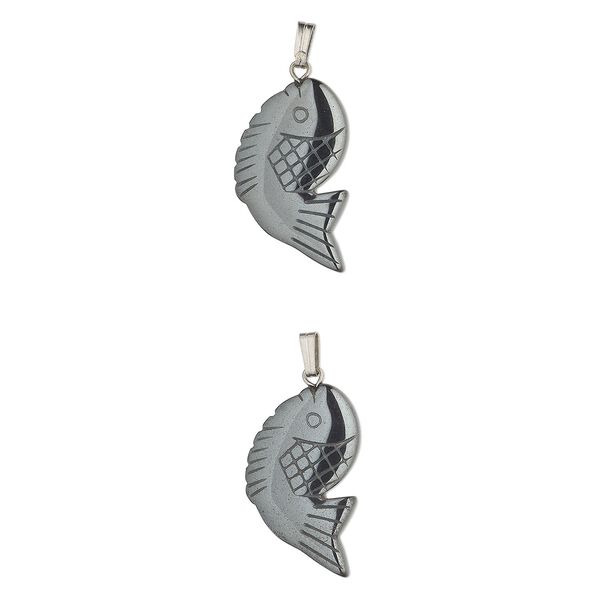 Hemalyke&trade; / "pewter" (zinc-based alloy) 1pkg2, silver-finished 1-sided carved fish pendant 24x18mm image number 0