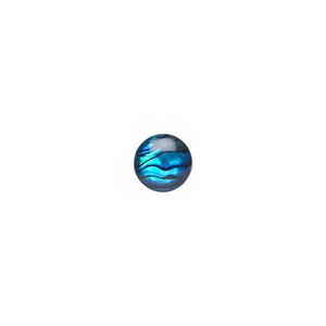 Cabochon, paua shell (dyed / coated), blue, 8mm calibrated round, Mohs hardness 3-1/2. Sold per pkg of 6.