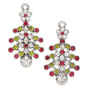 Focal, antique silver-finished "pewter" (zinc-based alloy) and glass, red / green / clear, 30x19mm Christmas tree. Sold per pkg of 2.