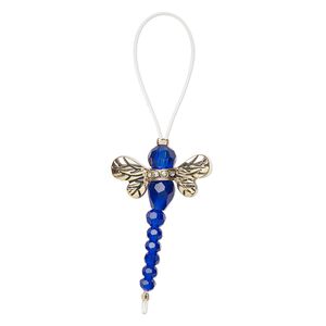 Bead 1pkg2 gold-finished "pewter", 32x22mm dragonfly, glass / clear & cobalt blue / antique