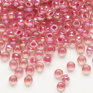Seed bead, Miyuki, glass, pkg/250g, #6 rocaille, translucent hot pink-lined rainbow crystal clear (RR-355).