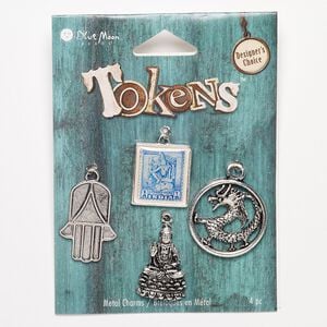 Drop and charm, antique silver-finished "pewter" (zinc-based alloy), clear / blue / white, 20x18mm-26x18mm assorted shape. Sold per pkg of 4.