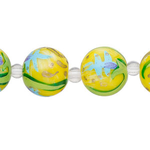 Bead, glass 1pkg8, multicolored, 14mm round with hand-painted leaf and flower.