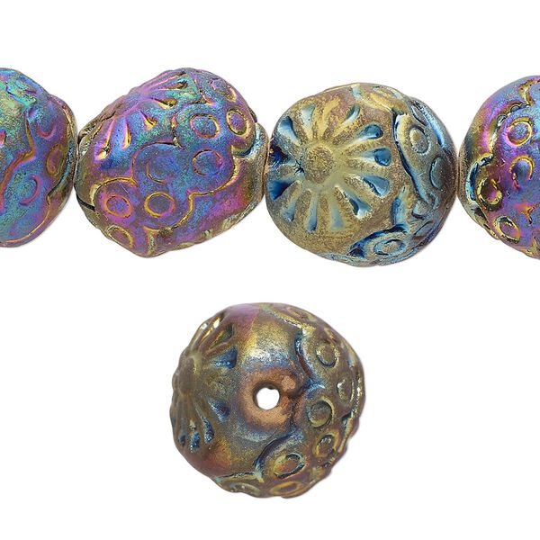 Bead, pressed clay, rainbow, 14x13mm-15x14mm handmade diagonally-drilled drum. Sold per pkg of 14. image number 0