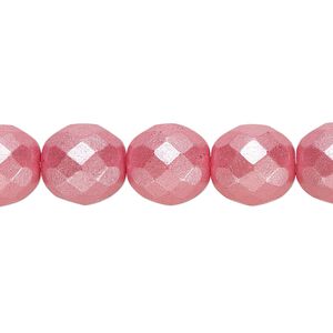 Bead, Czech fire-polished dipped d&eacute;cor glass, pkg/15-1/2 to 16 inches, 12mm faceted round, opaque pearlescent dusty rose, (00030-02395).