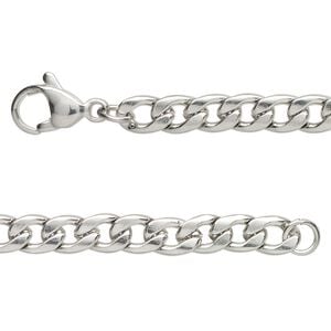 Chain 1pkg1 curb, 5.2mm flat / lobster claw clasp, stainless steel 18 inch