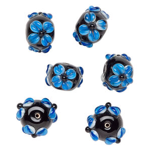 Bead, lampworked glass 1pkg6, opaque black / white / blue, 18x13mm rondelle with flowers.