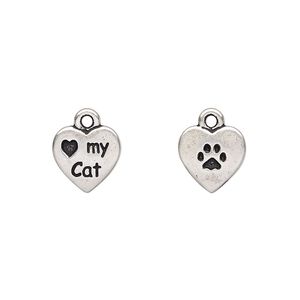 Charm, TierraCast&reg;, antique silver-plated pewter (tin-based alloy), 10mm double-sided heart with "Love my Cat" and paw print. Sold per pkg of 2.