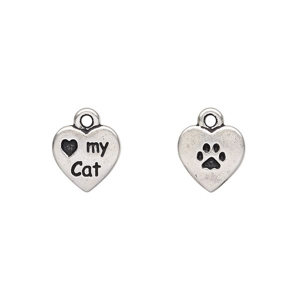 Charm, TierraCast&reg;, antique silver-plated pewter (tin-based alloy), 10mm double-sided heart with "Love my Cat" and paw print. Sold per pkg of 2. image number 0