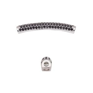 Bead 1pkg1 silver-plated, 28x4mm curved tube, brass / black cubic zirconia
