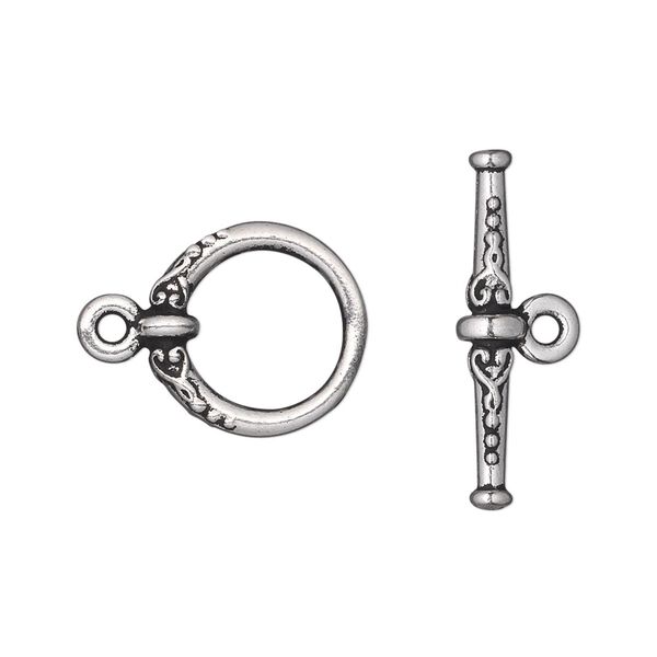 Clasp toggle 1pkg1 silver-plated pewter (tin alloy), 16mm fancy round, antique TierraCast&reg; 1-strand image number 0