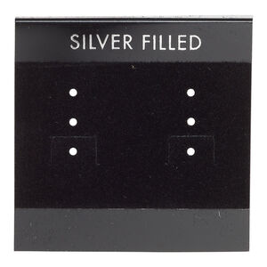 Earring card, flocked plastic, black and silver, 2x2-inch square with "SILVER FILLED." Sold per pkg of 25.