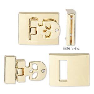 Clasp buckle 1pkg1 gold-finished "pewter" (zinc alloy), 29x23mm hinged rectangle / fits 20x1.5mm cord, steel / clear rhinestone 1-strand