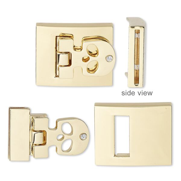 Clasp buckle 1pkg1 gold-finished "pewter" (zinc alloy), 29x23mm hinged rectangle / fits 20x1.5mm cord, steel / clear rhinestone 1-strand image number 0